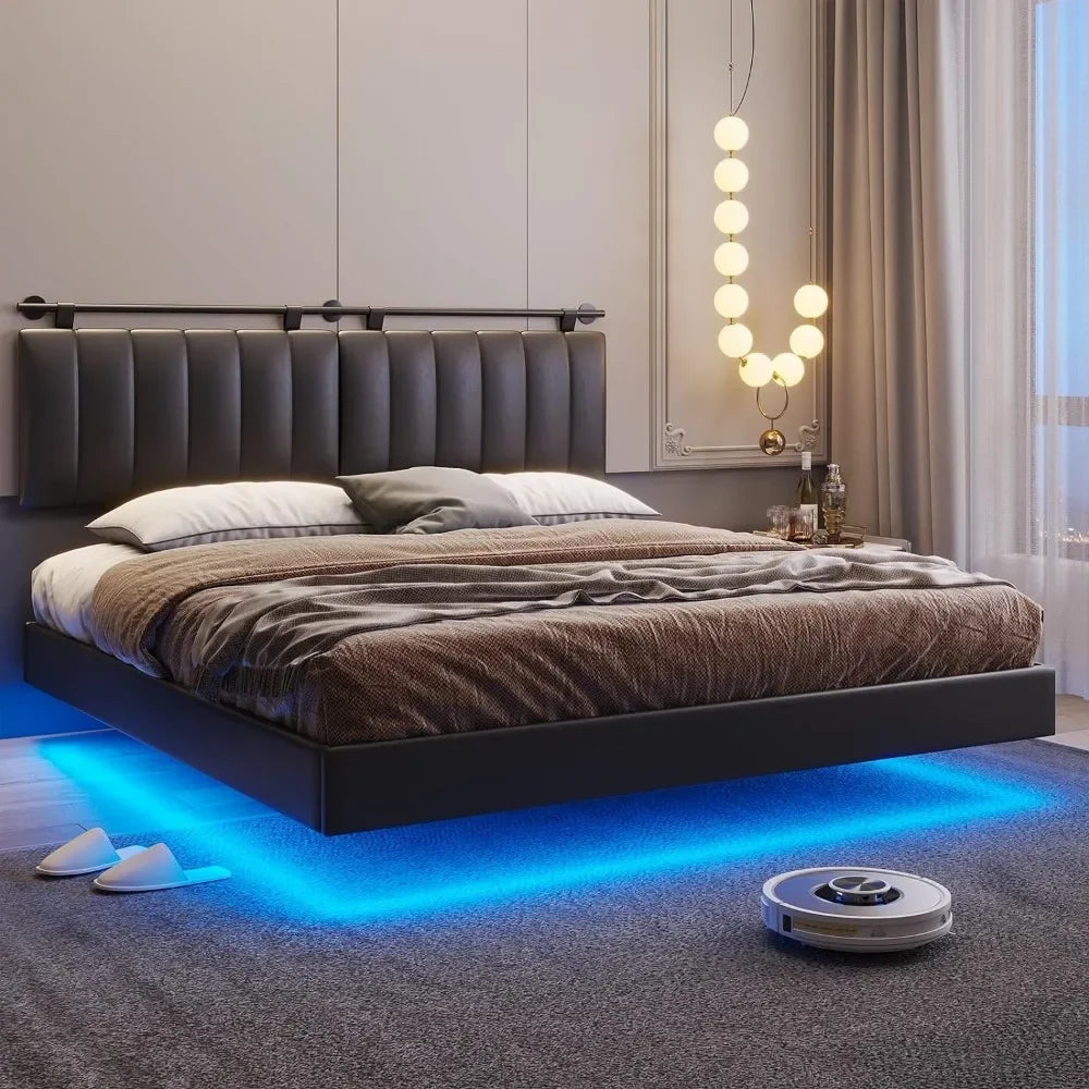 Floating Bed Frame with LED Lights and Wall Mounted Headboard