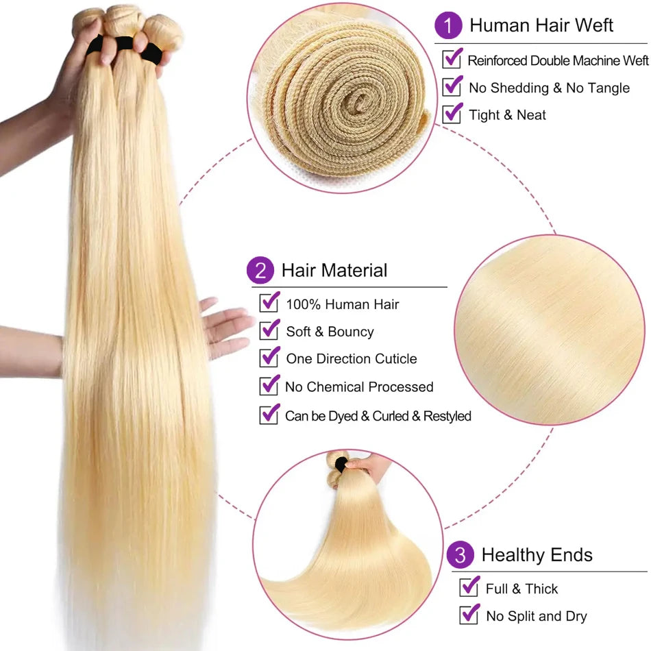 613 Blonde Straight Raw Hair Extensions Double weft