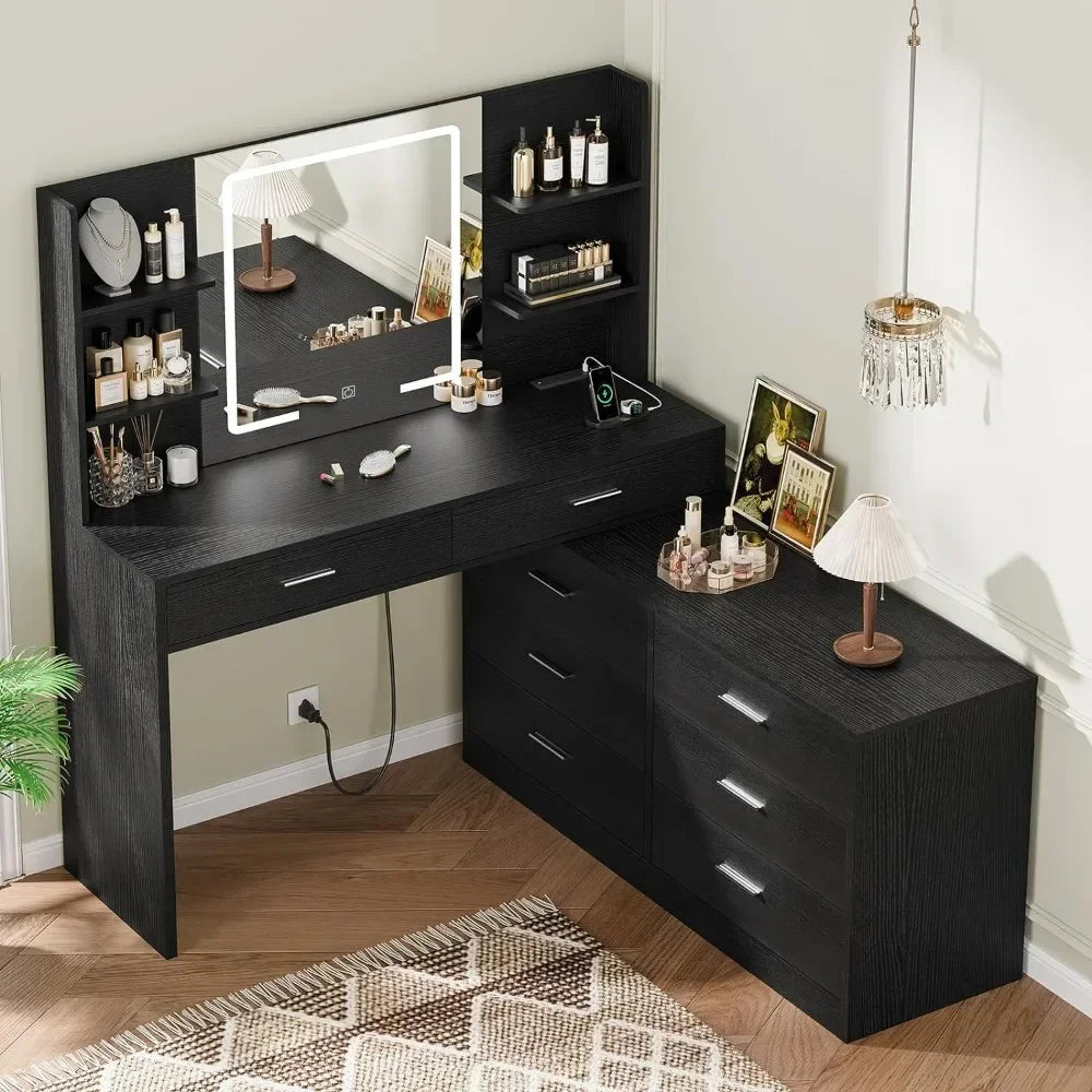 Vanity Desk with LED Lighted Mirror Power Outlet