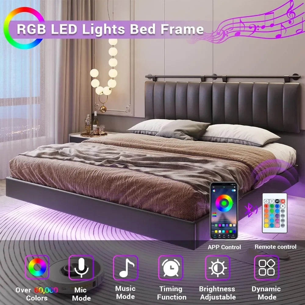 Floating Bed Frame with LED Lights and Wall Mounted Headboard