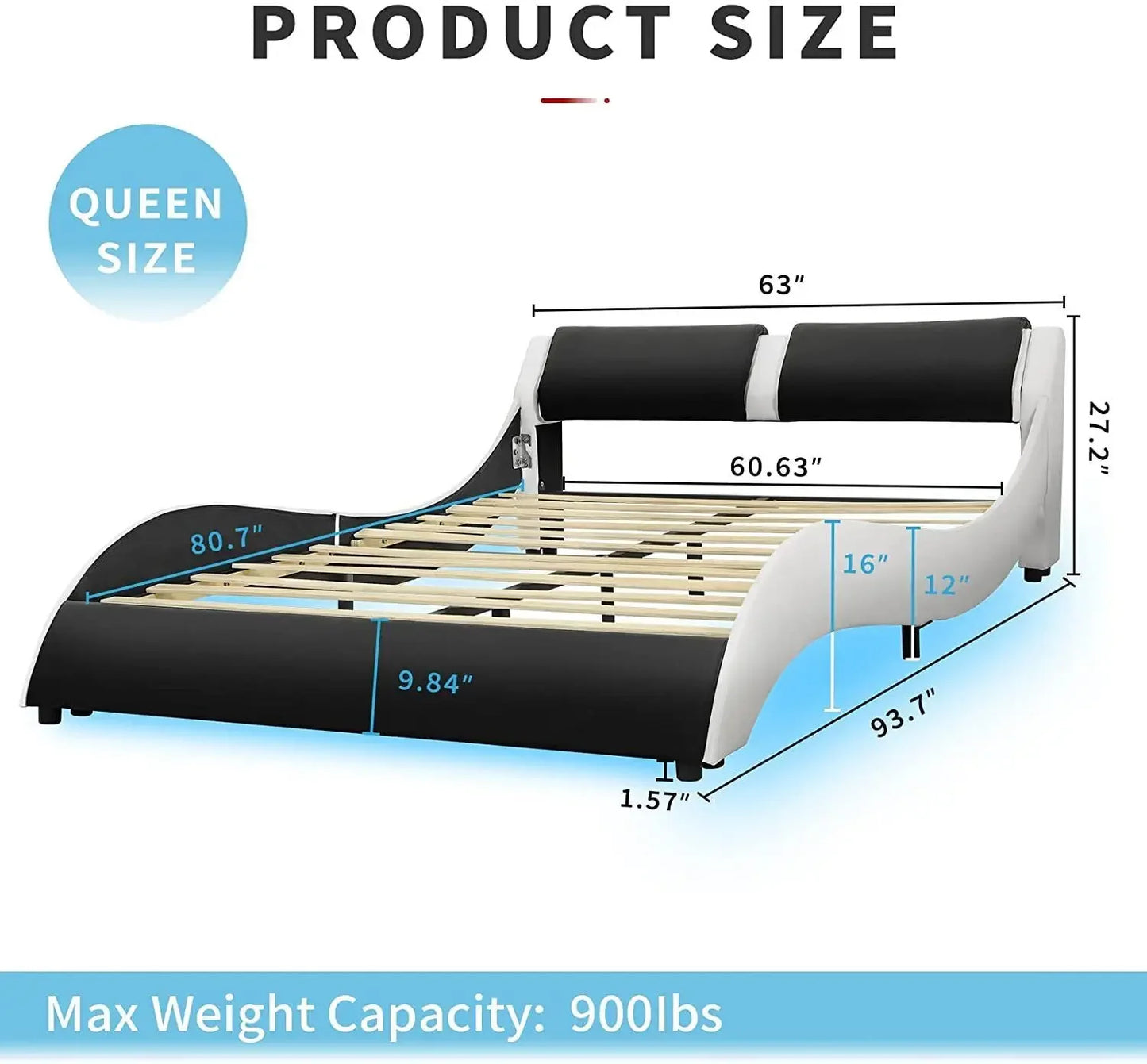 Queen Upholstered Platform Bed Frame with LED Lights Faux