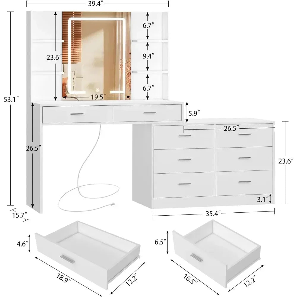 Vanity Desk with LED Lighted Mirror Power Outlet