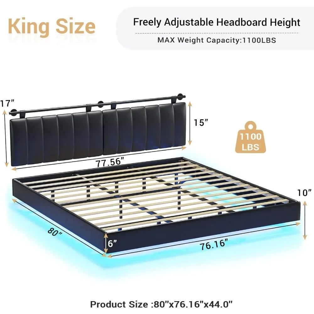 Floating Bed Frame with LED Lights and Wall Mounted Headboard