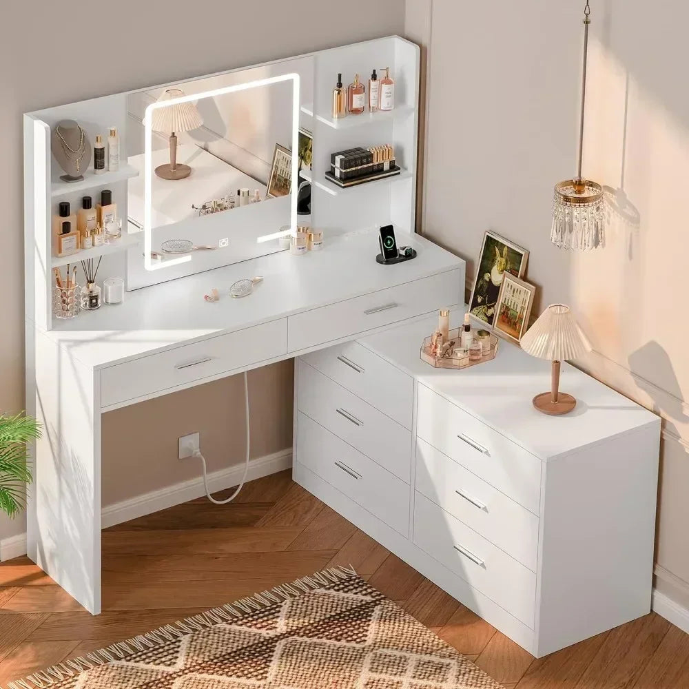 Vanity Desk with LED Lighted Mirror Power Outlet